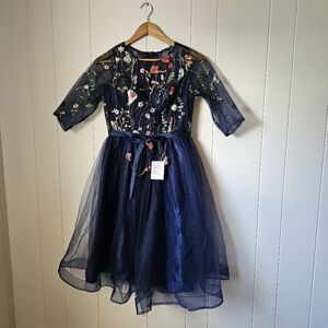 Blue floral embroidered tulle skirt fancy garden party dress